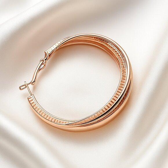 Polished Rose Gold Ribbed Twist Hoop Earrings Classic Textured Statement Jewelry - Picture 1 of 10